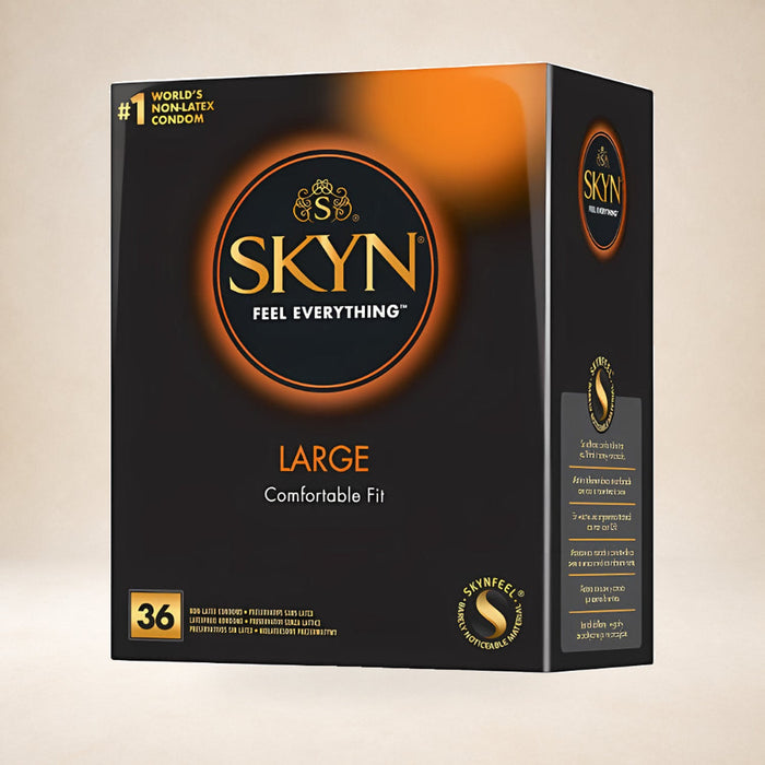 SKYN Large Non-Latex Condoms, 36 Pack on a warm studio background
