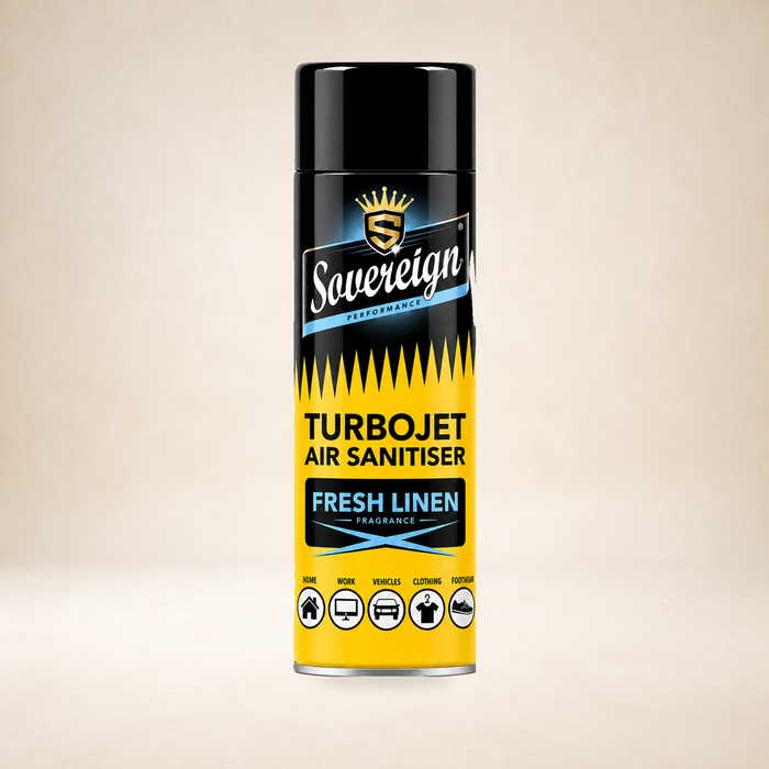 Sovereign Turbojet Air Sanitiser - Fresh Linen 500ml on a warm studio background