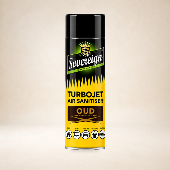 Sovereign Turbojet Air Sanitiser - Oud 500ml on a warm studio background