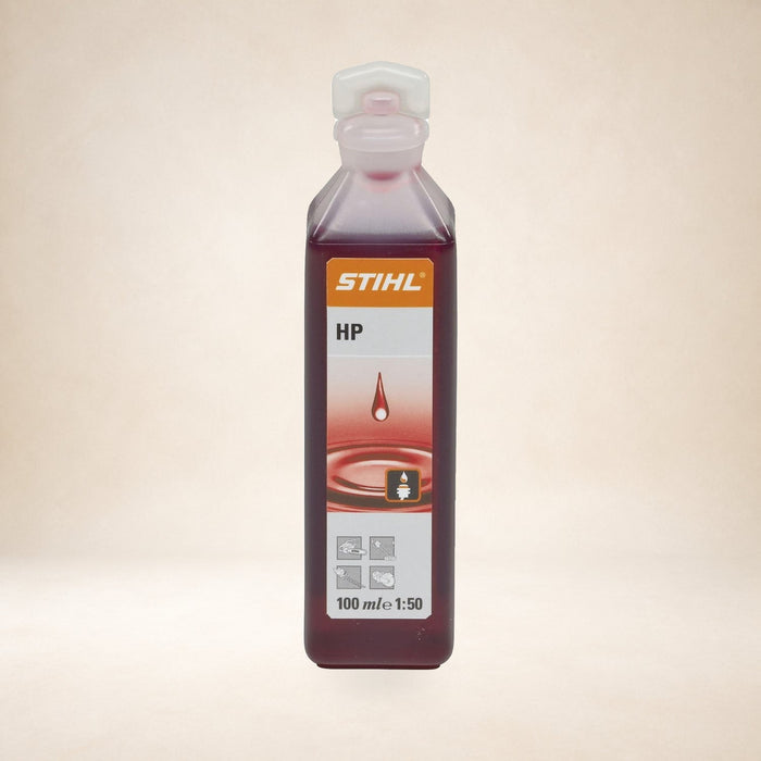 STIHL 2-Stroke Engine Oil 1:50 100ml on a warm studio background