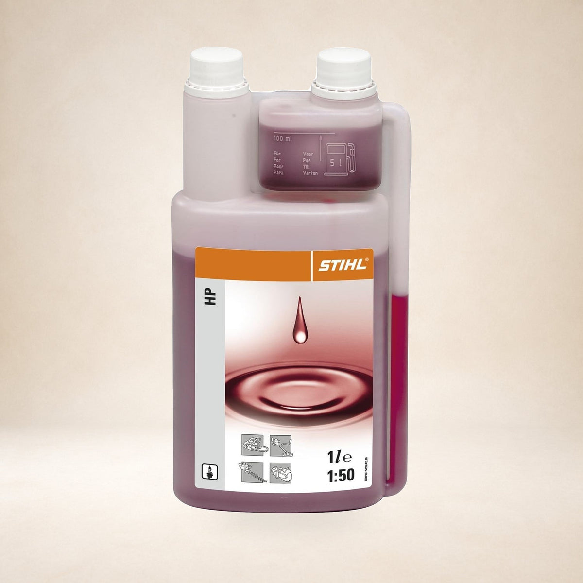 STIHL 2-Stroke Engine Oil 1:50 Metered 1L on a warm studio background