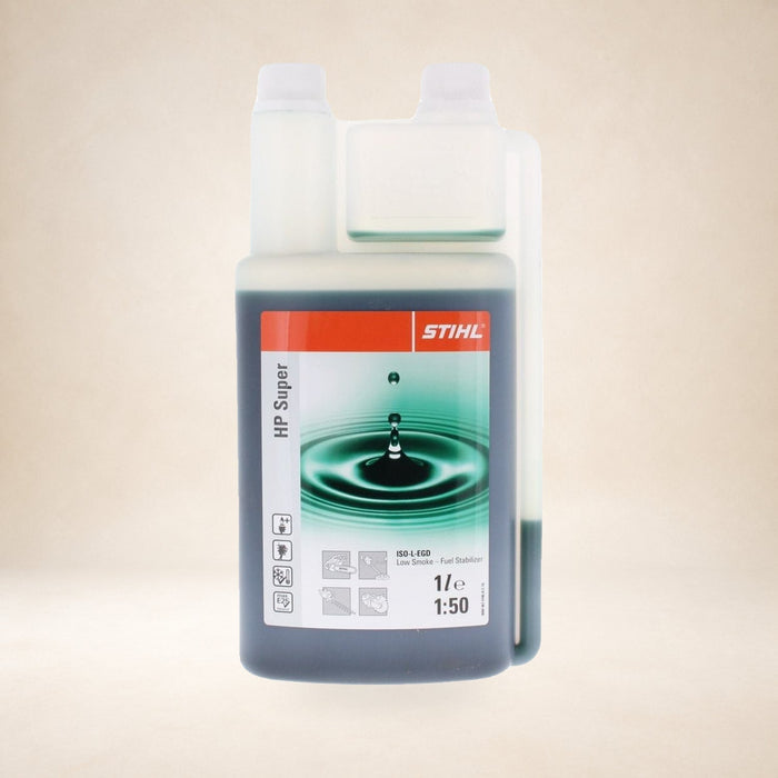 STIHL HP Super 2-Stroke Engine Oil Metered 1L on a warm studio background