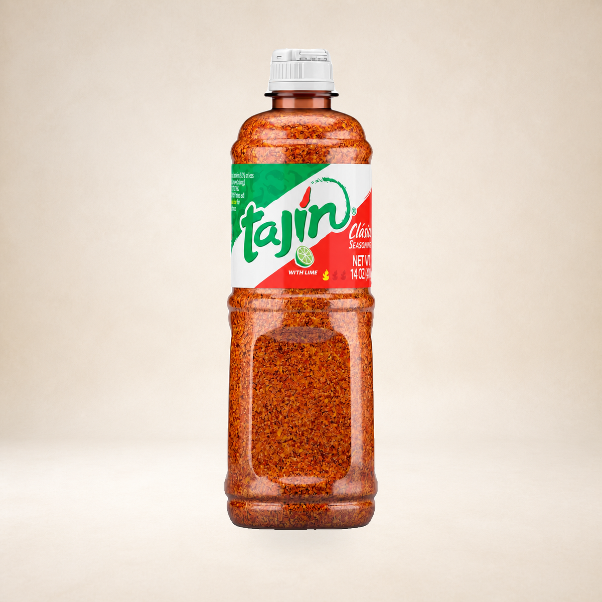 Tajín Clásico Seasoning 400g on a warm studio background