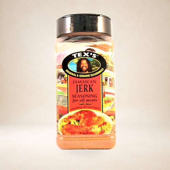 Tex's Jerk Seasoning 300g on a warm studio background