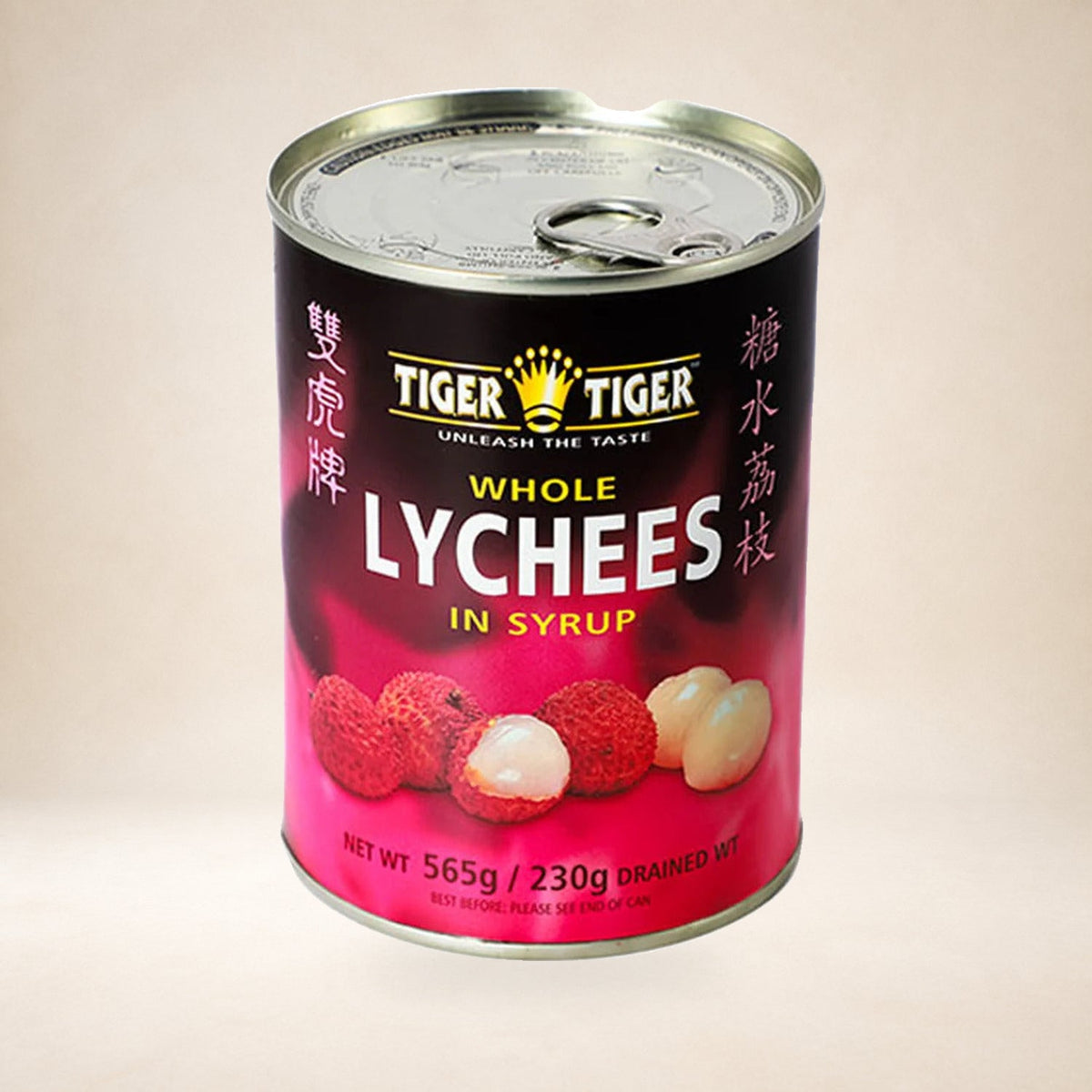 Tiger Tiger Whole Lychees in Syrup 565g on a warm studio background