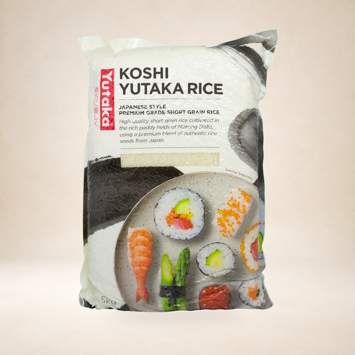 Yutaka Premium Koshi Rice 5kg on a warm studio background
