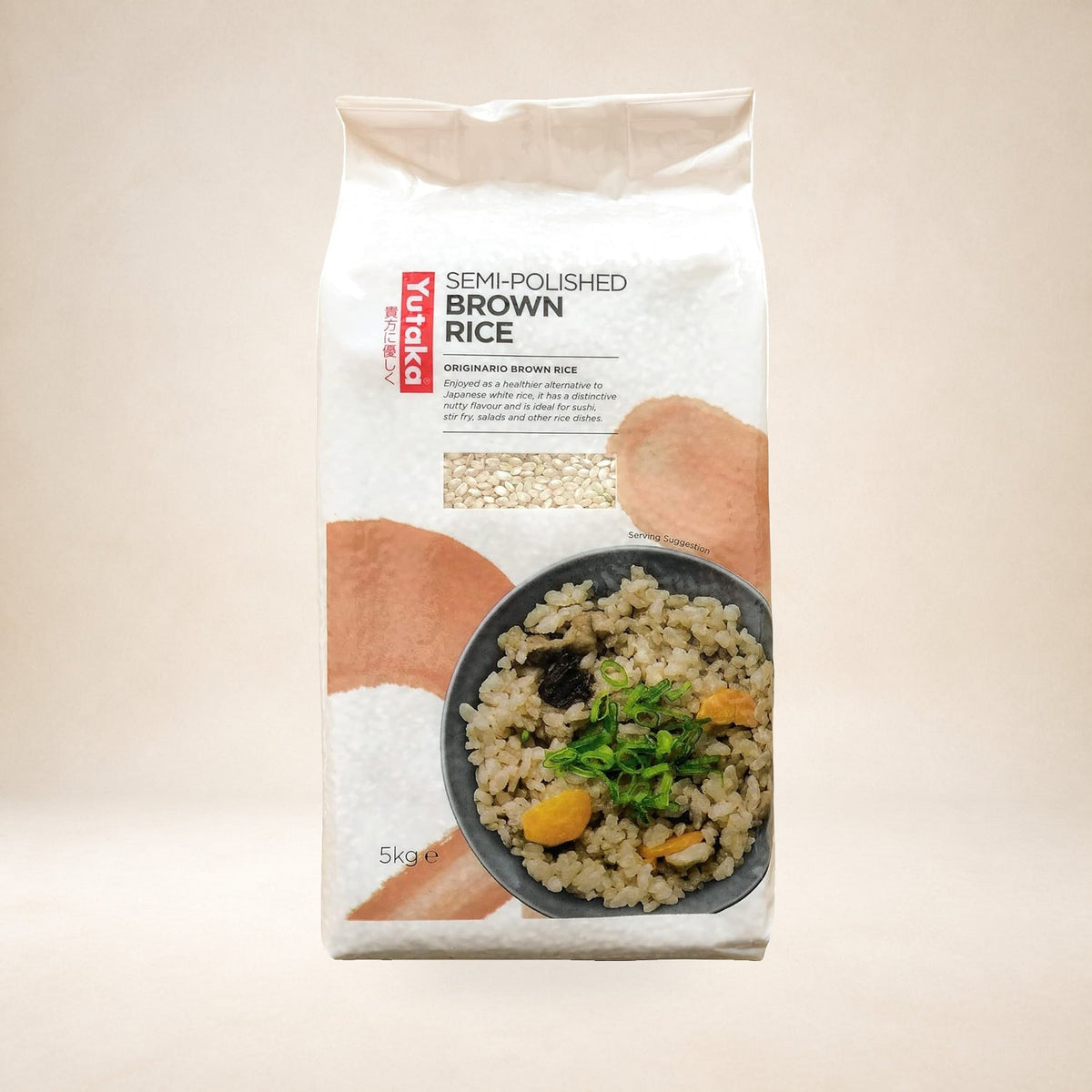 Yutaka Semi-Polished Brown Rice 5kg on a warm studio background